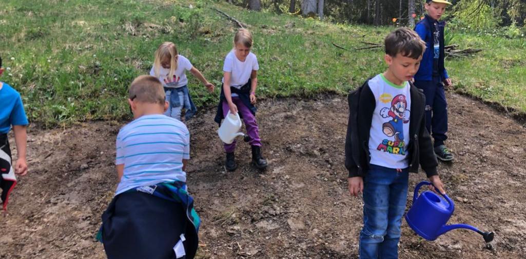 Kinder stampfen den Blumensamen fest