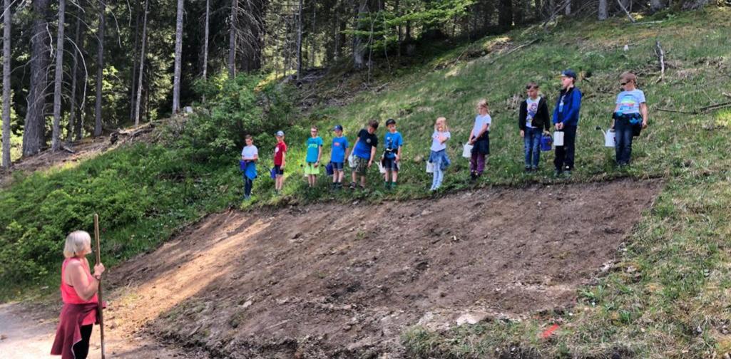 Kinder werden angwiesen, die Blumenwiese zu gießen